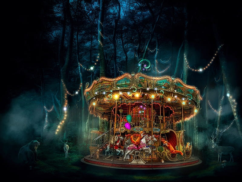 Magical Merry-Go-Round, forest, carousel, dark, painting, artwork, lights, night, HD wallpaper