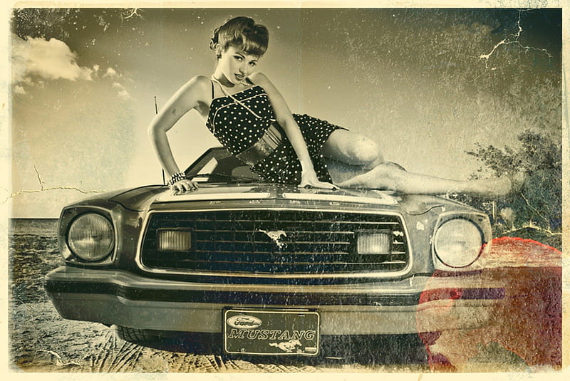 Pin up Girl and Mustang, mustang, model, Karla Peniche, woman, vintage, HD wallpaper