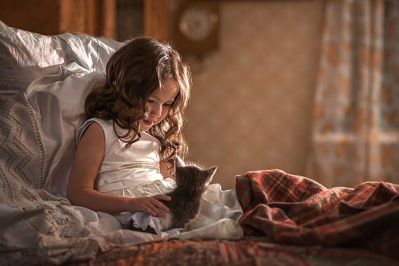 Little Girl, Pillow, Kitten, Blanket, Cun, HD wallpaper