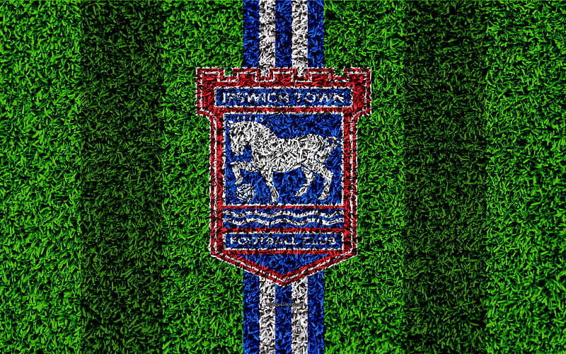 Ipswich Town FC football lawn, logo, emblem, English football club, blue red lines, Football League Championship, grass texture, Ipswich, UK, England, football, HD wallpaper