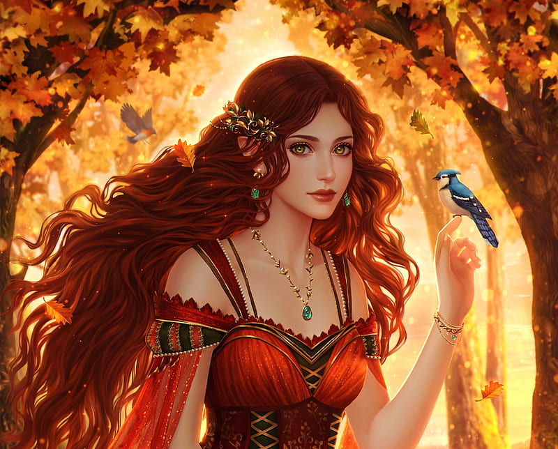 Ofelia, fairy, red, autumn, redhead, riikka sofia riekkinen, luminos, orange, midorisa, fantasy, bird, hand, HD wallpaper