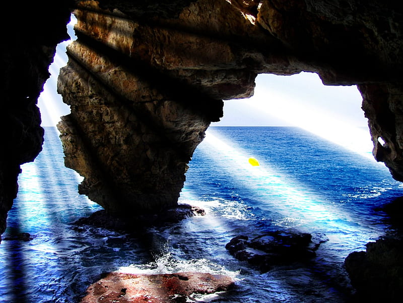 Sunlight through grotto, beach, sunlight, grotto, cave, sea, spain, HD wallpaper