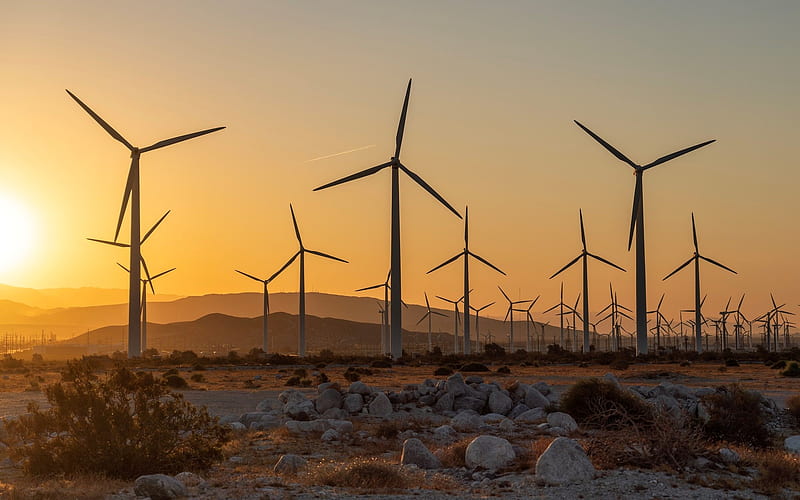 San Gorgonio Pass Wind Farm, wind turbines, rocks, wind farm, desert, California, sunrise, America, HD wallpaper