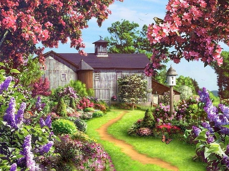 Spring dreams, flower, path, spring, cottage, HD wallpaper | Peakpx