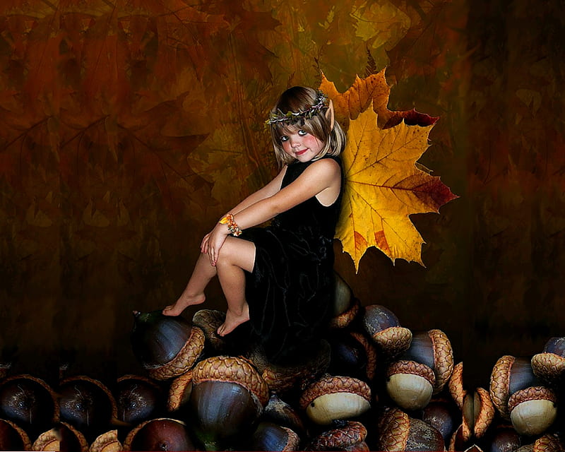 LITTLE AUTUMN FAIRY, cute, nuts, autumn, leaves, little, wings, maple, fairy, HD wallpaper