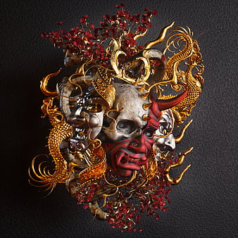 billelis, dark, religion, death, skull, samurai, gold, red, HD phone wallpaper