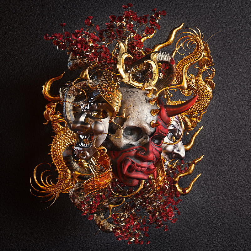 billelis, dark, religion, death, skull, samurai, gold, red, HD phone wallpaper