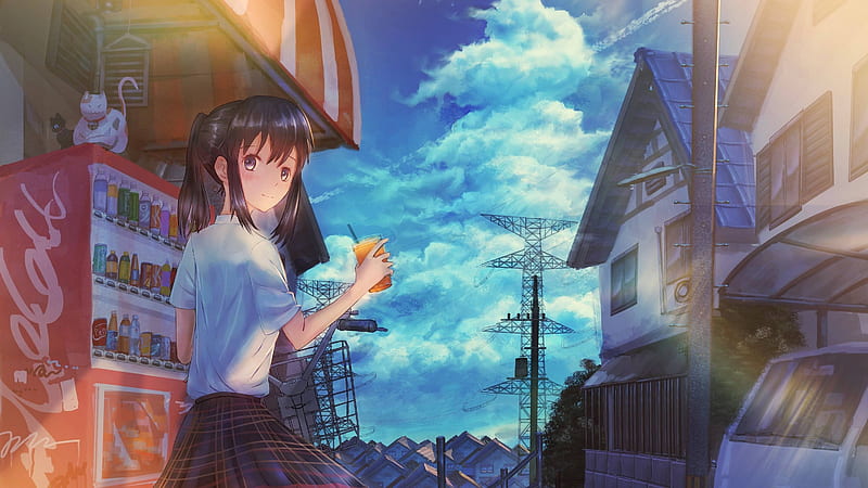 Anime School Girl With Summer Drink Macbook Pro Retina , , Background, and, Anime Summer Landscape, HD wallpaper