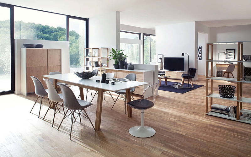 stylish interior living room, dining room, modern interior design, minimalism, white walls, living room, HD wallpaper