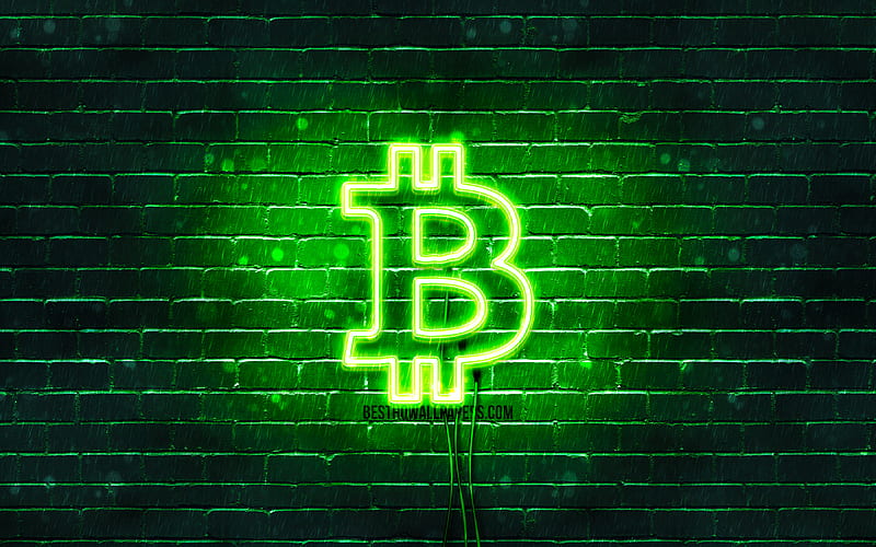 Bitcoin green logo green brickwall, Bitcoin logo, cryptocurrency, Bitcoin neon logo, Bitcoin, HD wallpaper