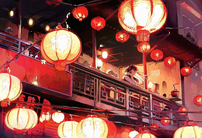 japanese building, anime girl, lanterns, horns, scenic, Anime, HD wallpaper