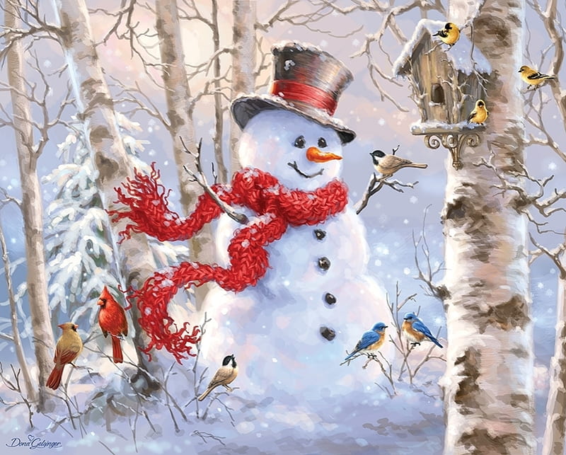 Snowman, forest, art, red, snwoman, winter, hat, tree, bird, pasari, scarf, painting, pictura, HD wallpaper