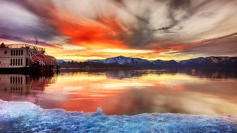 South Lake Tahoe, California, sun, evening, reflection, clouds, sky, HD wallpaper