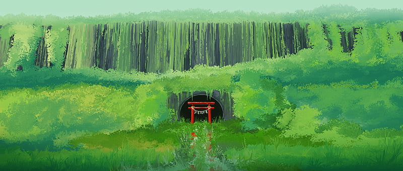 torii, anime landscape, green, hills, shrine, Anime, HD wallpaper