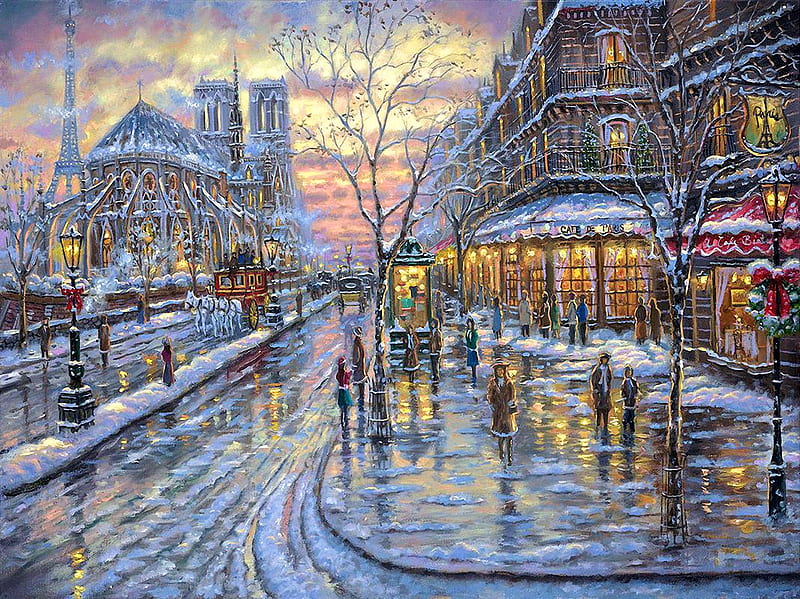 Winter in Paris, people, houses, painting, notre dame, church, street, artwork, coach, horses, snow, HD wallpaper