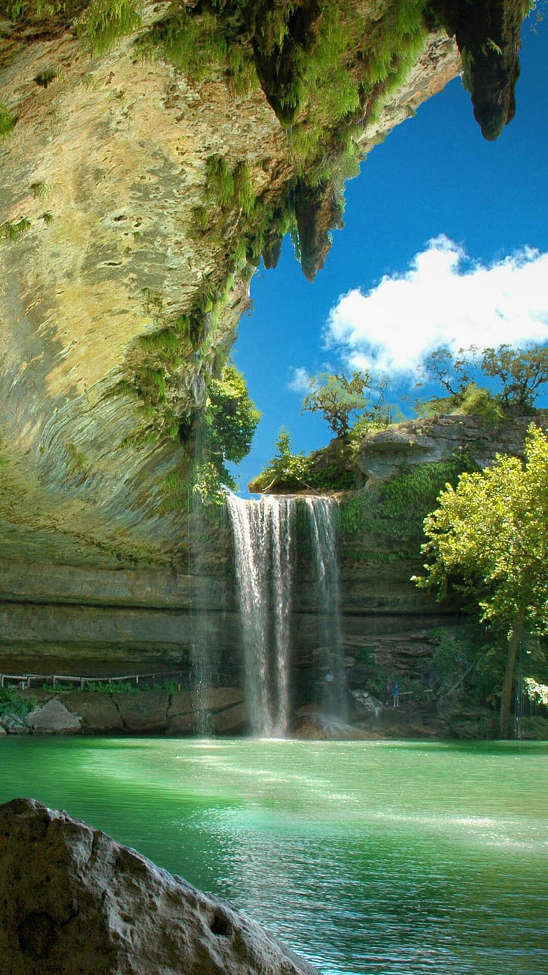 Waterfall, cave, clouds, lake, nature, sky, water, HD phone wallpaper