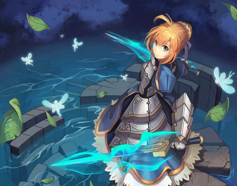 Fairy Pond, saber, dress, blond, green eyes, magic, wing, fantasy, fate stay night, blade, anime, anime girl, weapon, long hair, sword, light, fairy, female, wings, excalibur, gown, blonde, blonde hair, blond hair, braids, pond, armor, cute, water, warrior, girl, magical, knight, HD wallpaper