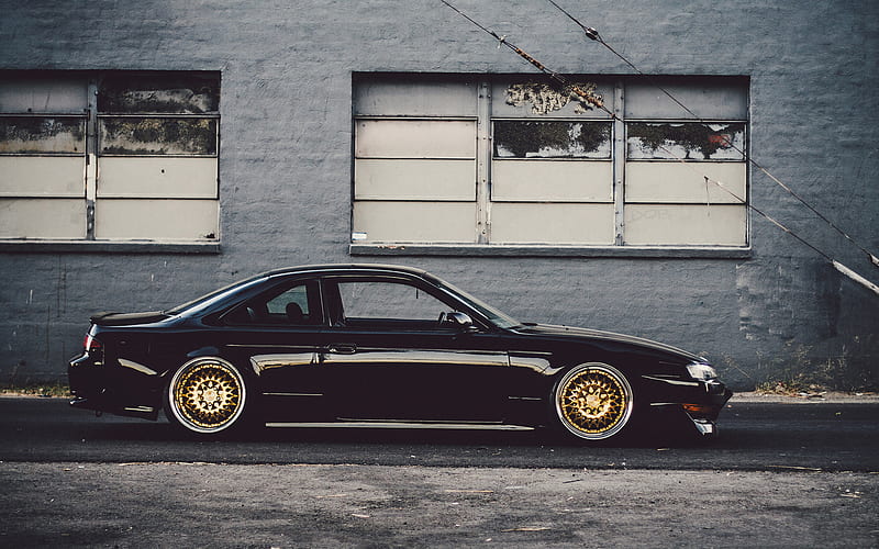 Nissan 240SX, black sports coupe, tuning 240SX, bronze wheels, Japanese cars, Stance Tuning, Nissan, HD wallpaper