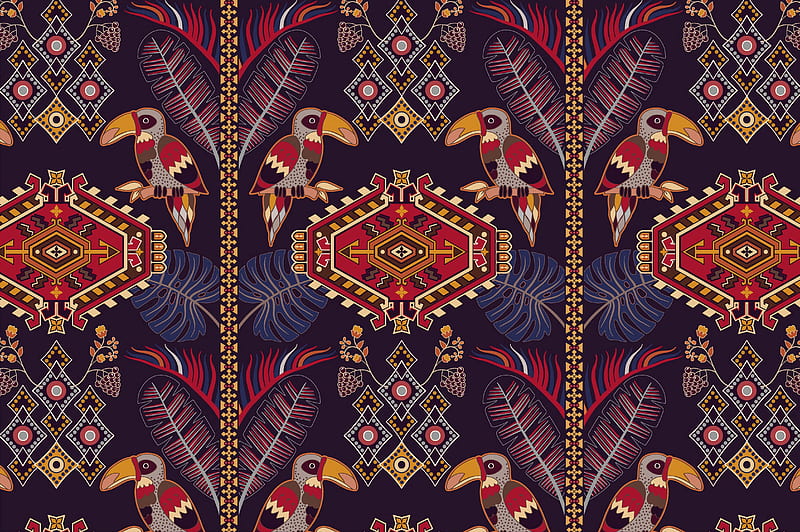 pattern, ornament, motive, toucans, colorful, HD wallpaper
