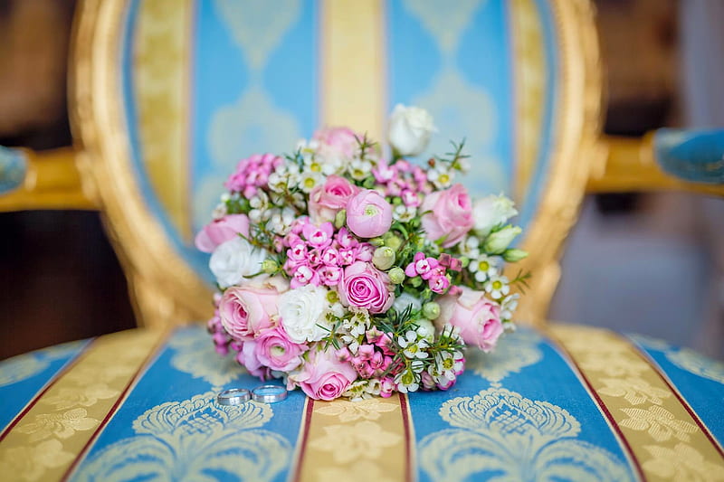 Wedding bouquet, bouquet, rose, flower, yellow, white, wedding, pink, blue, HD wallpaper