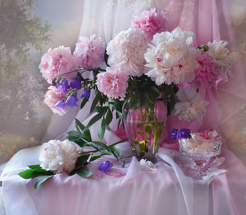 Still life with flowers, Vase, Bouquet, Bells, Peonies, HD wallpaper