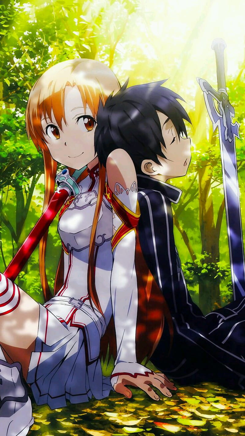 Asuna and Kirito, art, online, sword, HD phone wallpaper