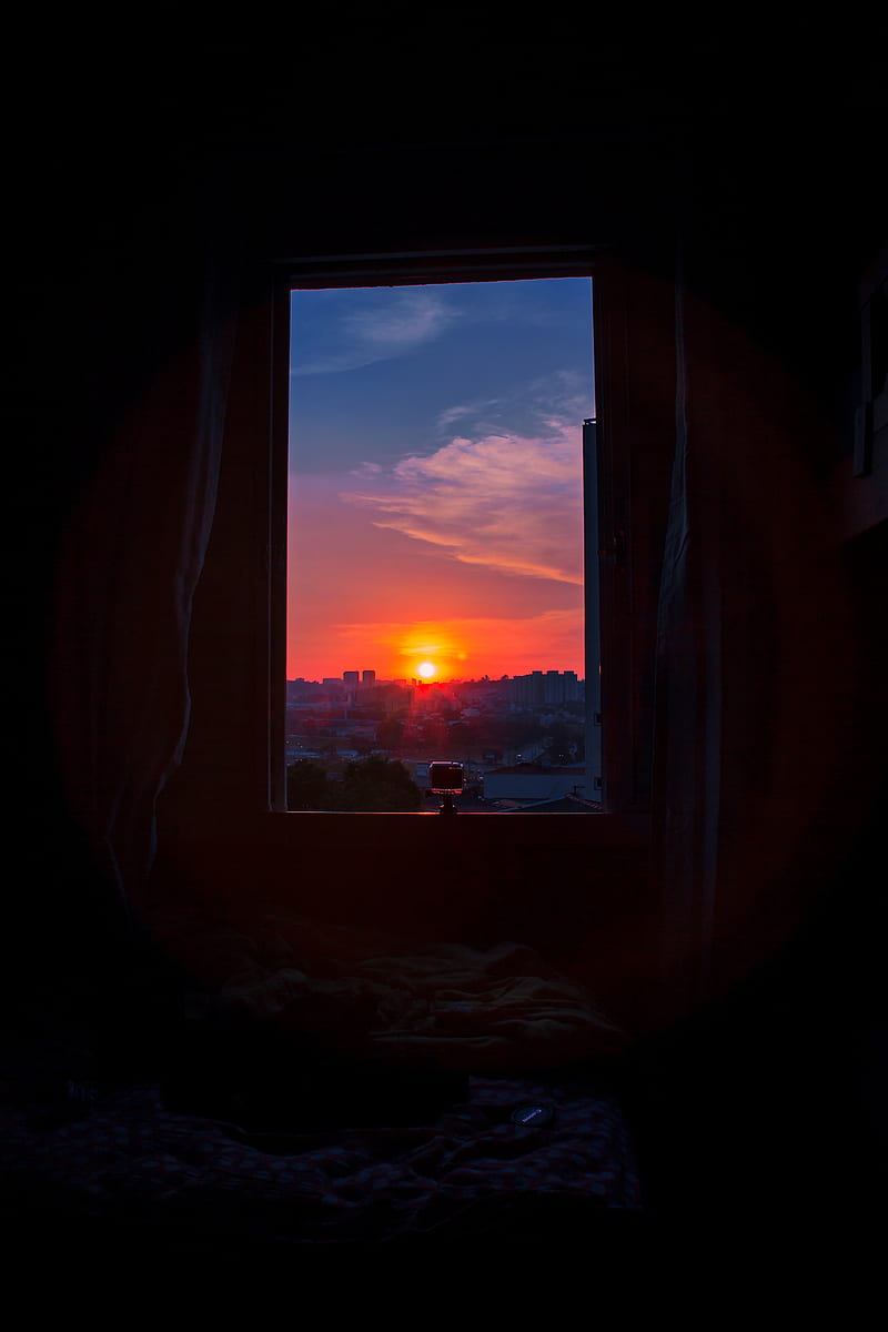 window, city, sunset, sky, HD phone wallpaper