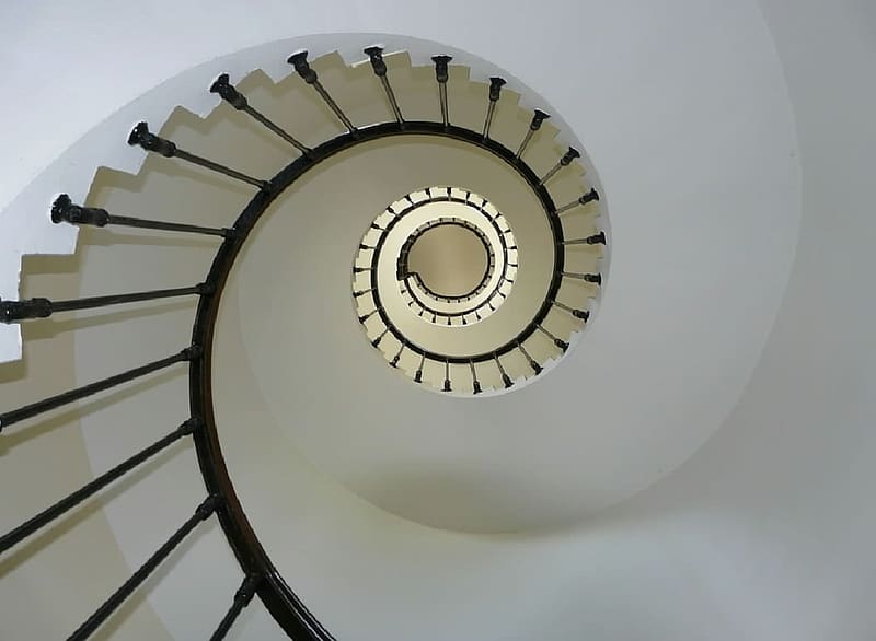 Spiral staircase, White, Black, Architecture, HD wallpaper