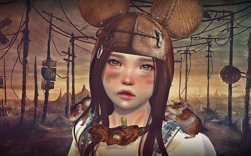 Devastation, fantasy, girl, mouse, rendering, face, hat, HD wallpaper