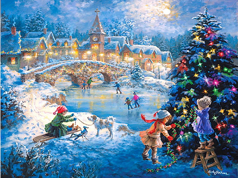 ★Jolly Christmas★, sleigh, villages, holidays, jolly, children, attractions in dreams, xmas and new year, greetings, paintings, churches, blue, christmas, bridges, love four seasons, festivals, christmas trees, snowman, winter, cool, snow, skating, HD wallpaper