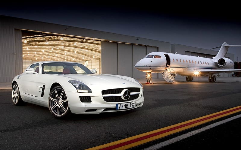 Car, Airplane, Mercedes Benz, Mercedes, Mercedes Benz Sls Amg, Vehicles, Private Jet, HD wallpaper