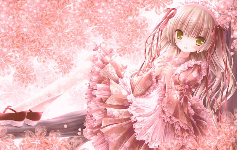 Lolita fashion, dress, in the tree, manga, tinkerbell, spring, cute, girl, anime, pink, HD wallpaper