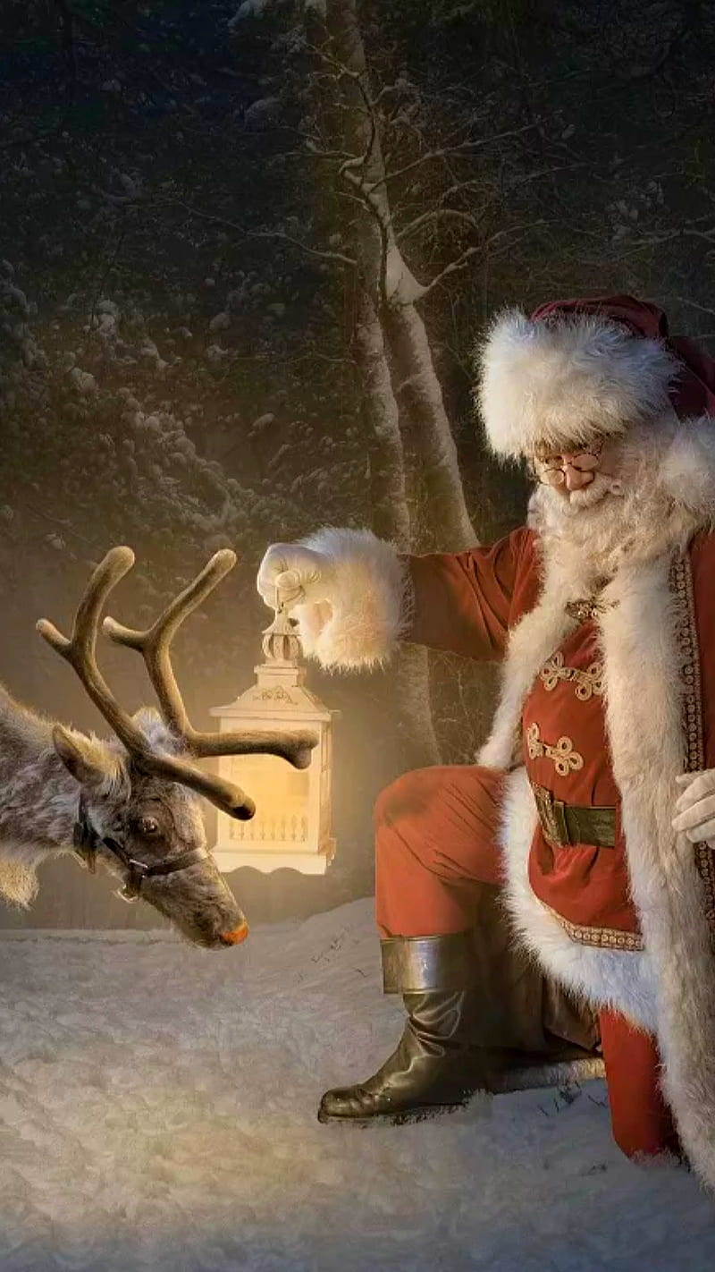 Newyear19, snow, deer, light, lamp, night, santa claus, red, winter, christmas, HD phone wallpaper