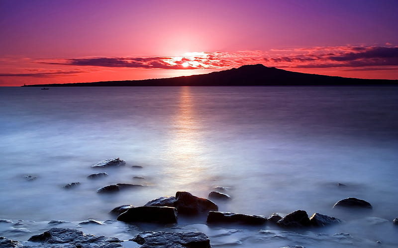 New Zealand-Sunrise on Auckland North Shore with a view of Rangitoto Island 01, HD wallpaper