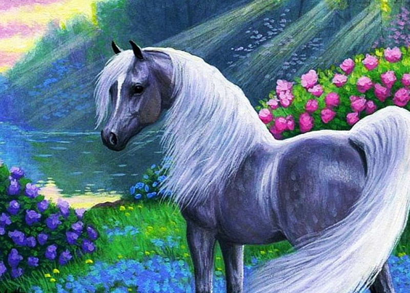 Hermoso caballo, montaña, pintura, flores, lago, obra de arte, prado, Fondo  de pantalla HD | Peakpx