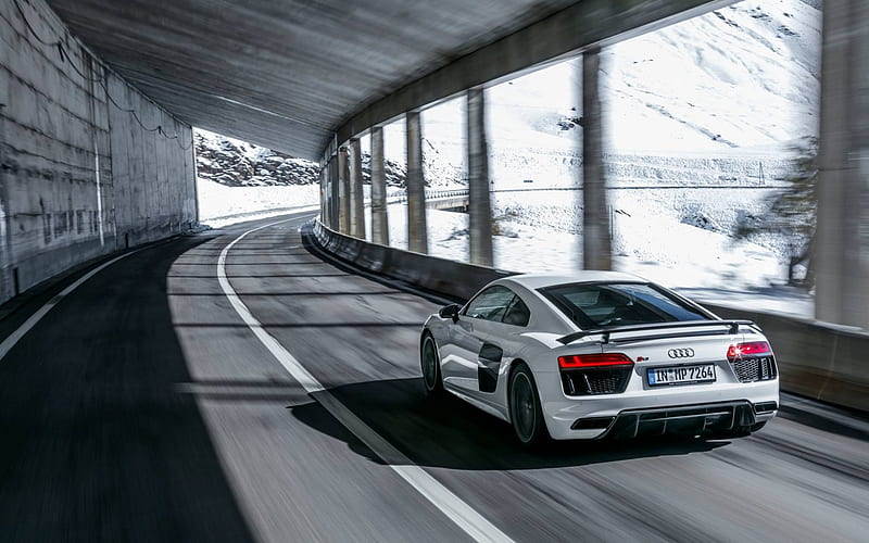 Audi R8, winter, tunnels, mountains, white, tuning Audi, snow, HD wallpaper