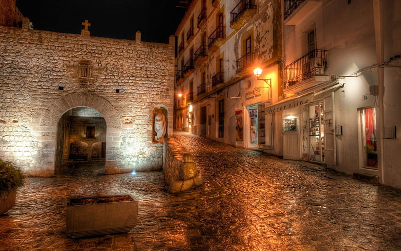 Ibiza street, wet, buildings, street, night, ibiza, HD wallpaper