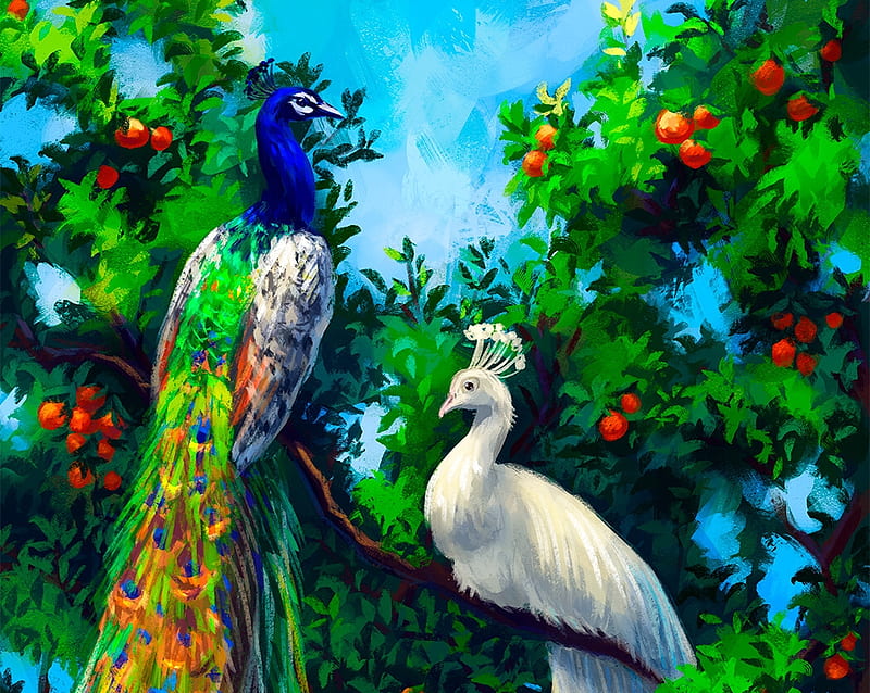Paradise, art, red, luminos, peacock, fruit, fantasy, tree, bird, green, paun, pasari, maria pechenkina, white, couple, blue, HD wallpaper