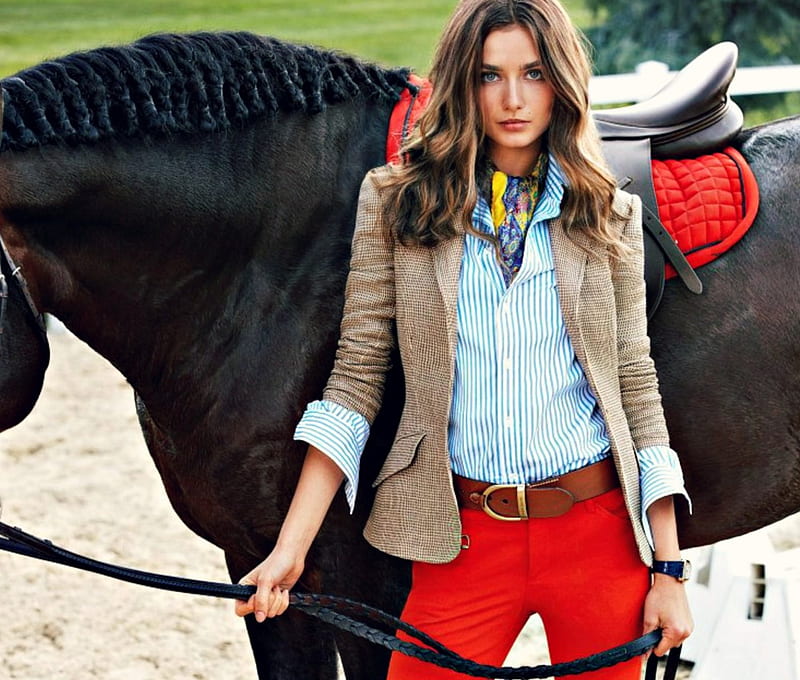 Andreea Diaconu, red, girl, model, romanian, horse, woman, animal, HD wallpaper