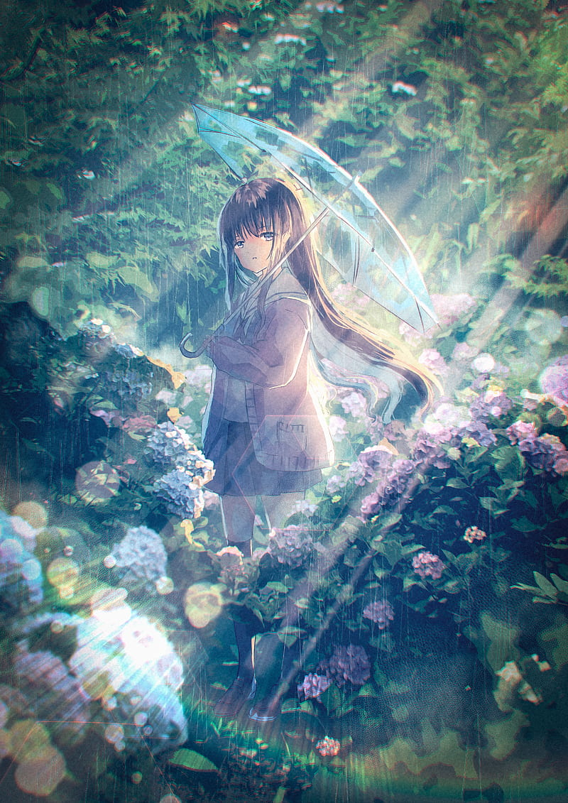 anime girl, school uniform, raining, umbrella, park, plants, sweater, Anime, HD phone wallpaper