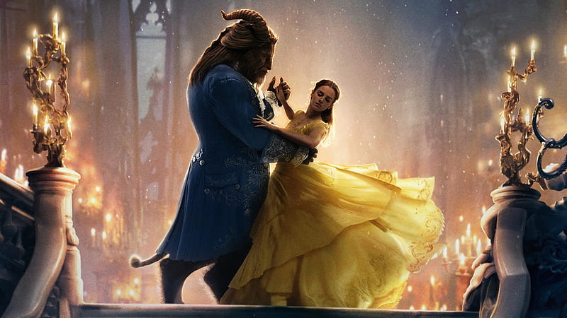 Beauty and the Beast 2017, poster, beauty and the beast, movie, belle, yellow, Emma Watson, fantasy, dance, princess, couple, disney, blue, HD wallpaper