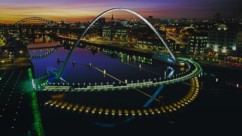 Millennium Bridge, Night, Millennium, Gateshead, Bridge, Lights, Newcastle, City, HD wallpaper