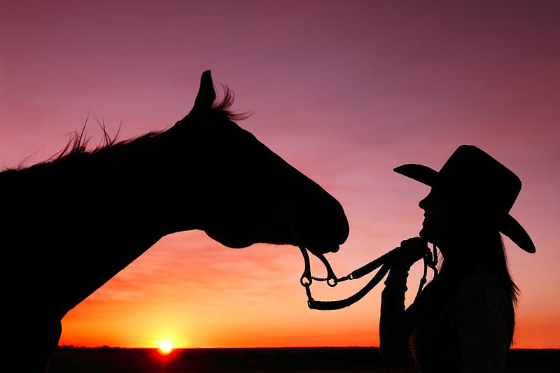 Sunset and Silhouettes, sun, cowgirl, sihouettes, sunset, horse, sky, hat, HD wallpaper
