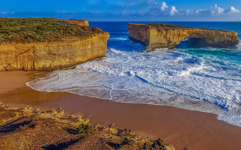 rocky coast, ocean, evening, big waves, ocean coast, Victoria, Australia, HD wallpaper