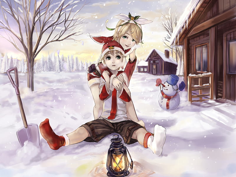 Christmas anime friends, christmas, holiday, new year, doll, winter, fantasy, girl, snow, anime, HD wallpaper