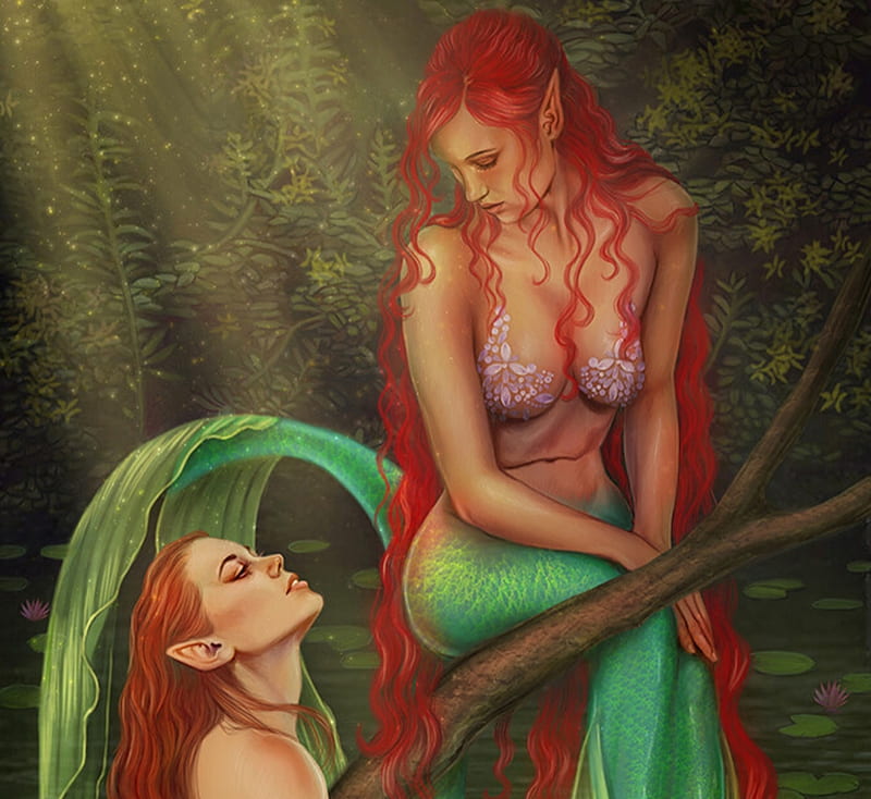 Mermaids, emilia pawlikowska, couple, fish, redhead, luminos, tail, mermaid, vara, fantasy, girl, green, summer, siren, HD wallpaper