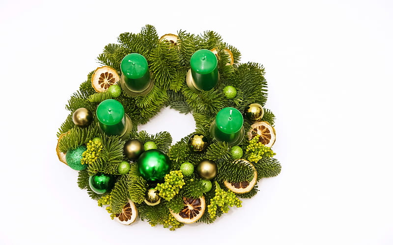 Christmas wreath, white background, green candles, wreath with candles, Merry Christmas, New Year, HD wallpaper