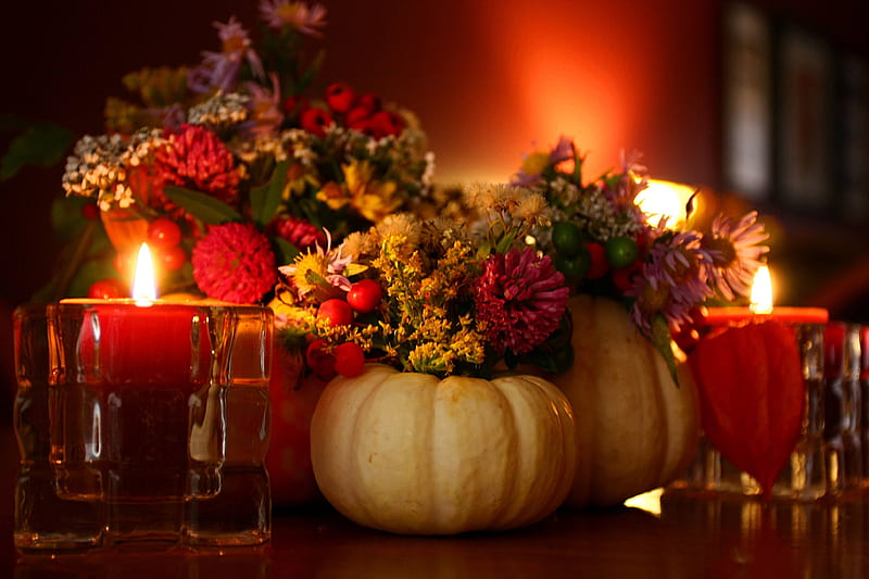 Autumn Beauty by Candlelight, pumpkins, candles, still life, autumn, beauty, flowers, HD wallpaper