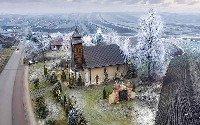 Church in Poland, fields, aerial, church, village, Poland, road, HD wallpaper