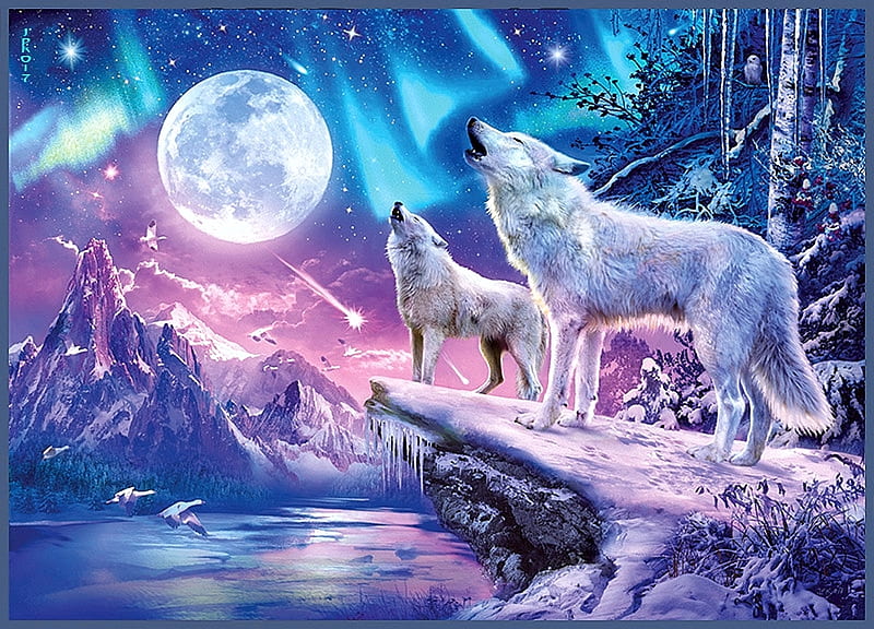 White Wolves Under The Full Moon, moon, northern lights, mountains, painting, ice, wolves, artwork, HD wallpaper